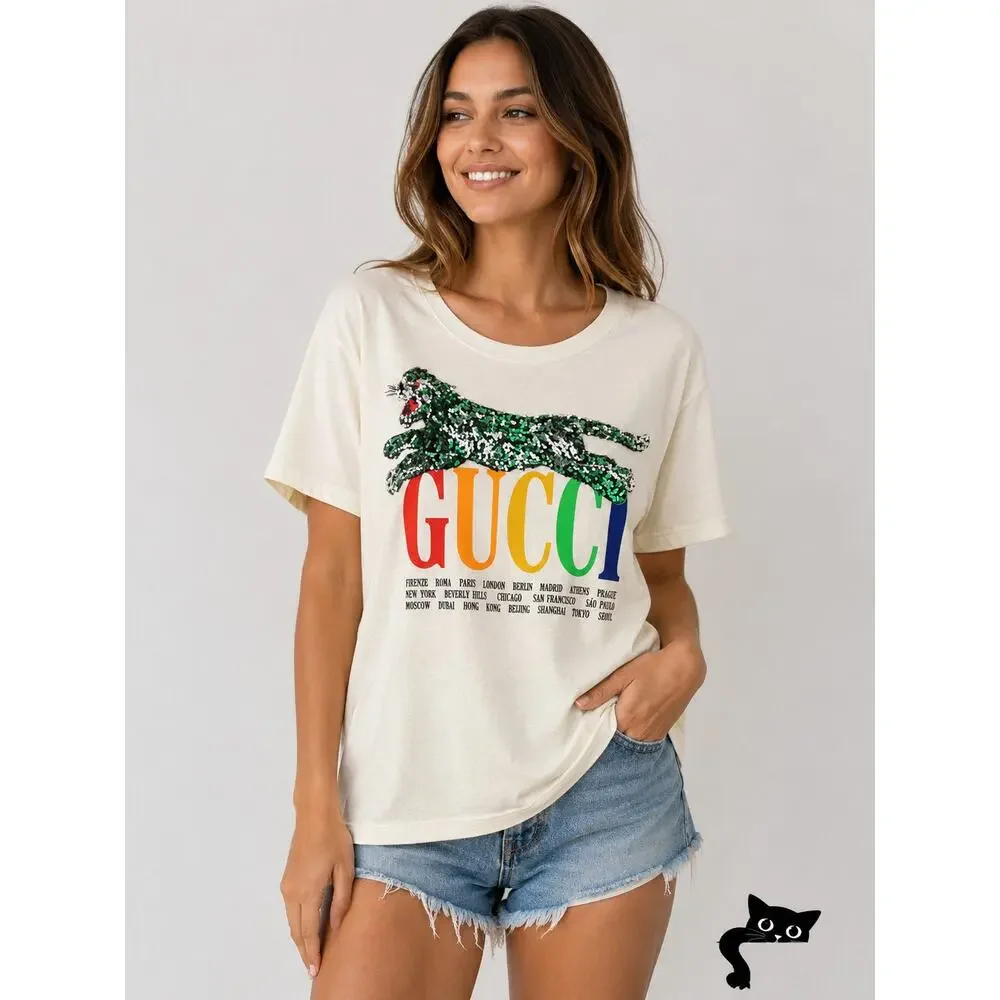 Gucci Sequin Cat Rainbow Logo T-Shirt Cream Unisex US M